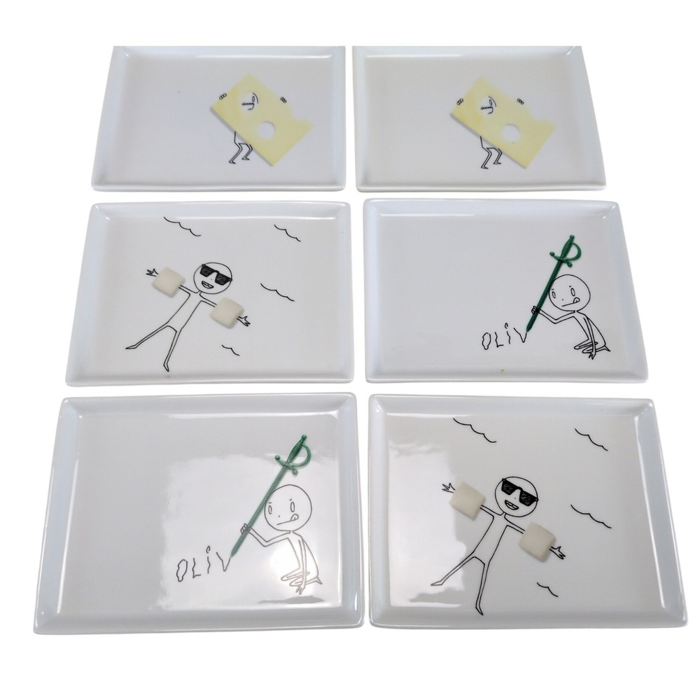Set of 6 CB2 Oliver Ceramic Appetizer Plates 6.5x5" Mint Floaties, Swiss, Sword